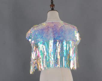 Holographic Mermaid Sequin Cape: Iridescent Tinsel Festival Outfit