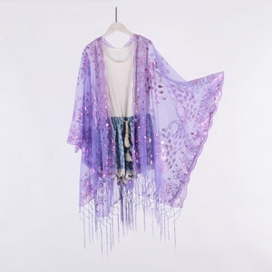 purple sheer kimono with purple sequins, lace kimono,peacock kimono,cocktail party kimono,purple fringe kimono,festival party kimono