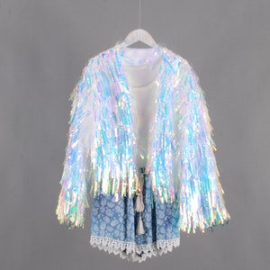 rainbow tinsel jacket,personalized gift for her,tinsel dress,holographic bridal jacket,fringe wedding jacket,birthday jacket,rainbow gifts