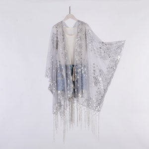 gray sheer kimono with silver sequins, lace kimono,peacock kimono,cocktail party kimono,gray fringe kimono,festival party kimono