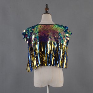 holographic gold&blue sequins cape,rainbow cape,mens festival cape,mermaid cape,bridal tinsel cape,women sequins cape,tinsel dress