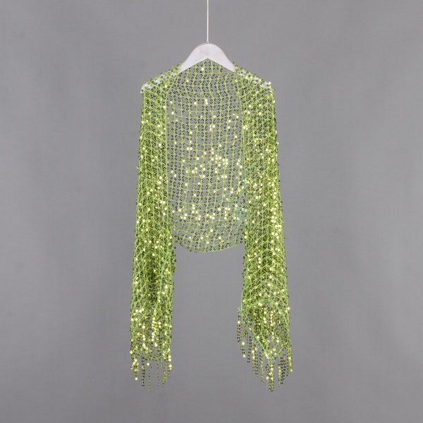 green mesh sequins shrug,shrug with tassels,wedding shrug,green lace,loose fit,sequins bolero,shawl,party wrap,sequin cover up