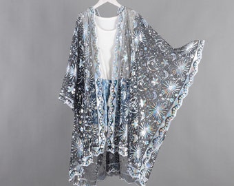 silver sequins starry black sheer kimono, black sequin kimono,cocktail party kimono,black fringe kimono,festival party kimono,sequins kimono