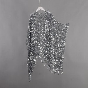 Sequin Kimono: Black Silver Sheer Cardigan, Boho Beach Cover-Up
