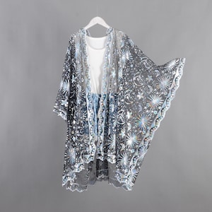 silver sequins starry black sheer kimono, black sequin kimono,cocktail party kimono,black fringe kimono,festival party kimono,sequins kimono