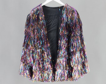 rainbow tinsel fringe jacket,personalized gift for her,bridal jacket,wedding jacket,birthday,party jacket,handmade clothing,tinsel jacket