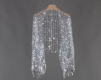 Coprispalle con paillettes in rete argentata, coprispalle con nappe, coprispalle da sposa, pizzo a nastro, vestibilità ampia, bolero con paillettes, scialle, involucro per feste, coprispalle con paillettes