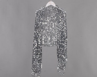 black with silver sequins shrug,shrug with tassels,wedding shrug,black lace,loose fit,sequins bolero,shawl,party wrap,sequin cover up