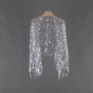 silver mesh sequins shrug,shrug with tassels,wedding shrug,sliver lace,loose fit,sequins bolero,shawl,party wrap,sequin cover up image 1