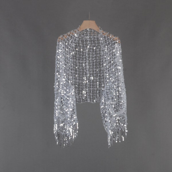 Silber Mesh Pailletten Shrug,Stehkragen mit Quasten,Hochzeit Shrug,Spitze,lockere Passform,Pailletten Bolero,Schal,Party wrap,Pailletten Abdeckung