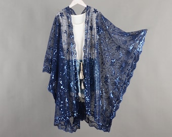 kimono escarpado azul marino estrellado con lentejuelas, kimono de lentejuelas azul marino, kimono de fiesta de cóctel, kimono de flecos marinos, kimono de fiesta del festival