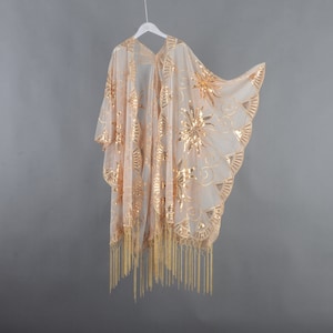 champagne gold sequins kimono,sheer kimono,gold lace kimono,floral kimono,cocktail party kimono,gold fringe kimono,festival party kimono