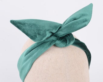 green velvet bow headband,wired headband,women headwrap,tie up headscarf,adult headband,knot headband,HB008