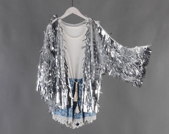 Silver Sequin Kimono Duster: Festival Rave Outfit