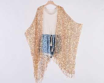 gold sheer kimono,sequin kimono,long cardigan,boho kimono,beach kimono,shrug,cover up,dress kimono,sequins dress