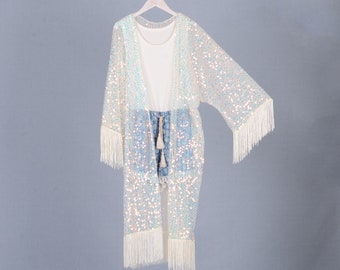 beige sequins kimono with sleeve,summer cover up,holiday dress,beach kimono, kimono cardigan,kimonos,kimono for women,SL080