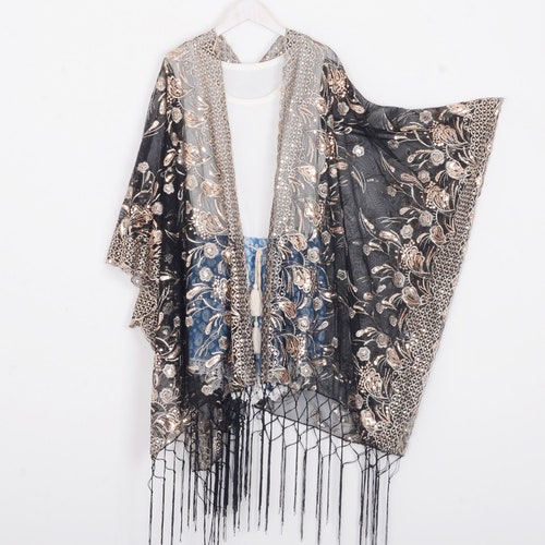 Black Sheer Kimono With Gold Sequins Black Lace - Etsy UK