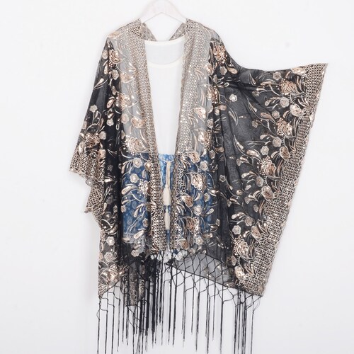 black sheer kimono with gold sequins, black lace kimono,floral kimono,cocktail party kimono,black fringe kimono,festival party kimono