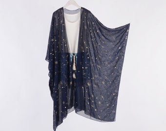 Navy Chiffon Kimono Cardigan: Gold Starry Boho Cover-Up