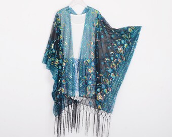 black sheer kimono with blue sequins, black lace kimono,floral kimono,cocktail party kimono,black fringe kimono,festival party kimono