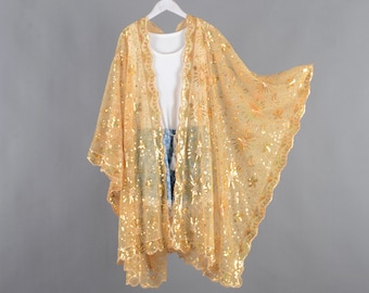 yellow gold lace boho kimono,sequin kimono,cocktail party kimono,gift for her,festival party kimono,gifts