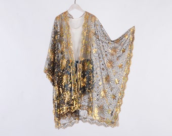 starry black sheer kimono with gold sequins, black sequin kimono,cocktail party kimono,black fringe kimono,festival party kimono