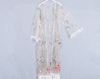 white lace wedding kimono, plant embroidery kimono with sleeve,summer cover up,wedding dress,bridal kimono,lace kimono,fringe kimono,SL040