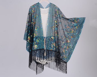 black sheer kimono with blue floral sequins, black lace kimono,floral kimono,cocktail party kimono,black fringe kimono,festival party kimono