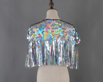 holographic silver sequins cape,festival cape,rave cape,mens cape,Iridescent cape,women tinsel cape,women sequins cape