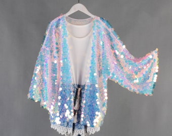 short pink mermaid kimono,sequin kimono mid length,festival kimono,sequin duster,rave clothing, festival outfit,disco sequin kimono