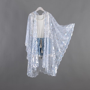 White Starry Sequin Kimono, Sheer Mesh Fringe, Party Cover-Up
