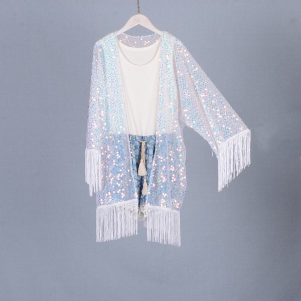 white sequin kimono, short,festival kimono,party outfit,duster,burning man,sequins cover up,SL081