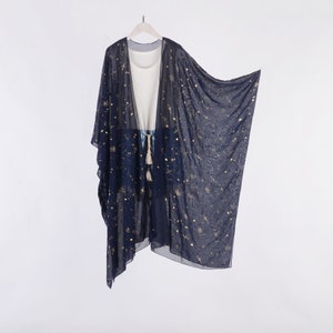 long kimono,navy with gold starry kimono cardigan, beach kimono,kimono boho,chiffon cover up,kimonos,cover up,dress kimono