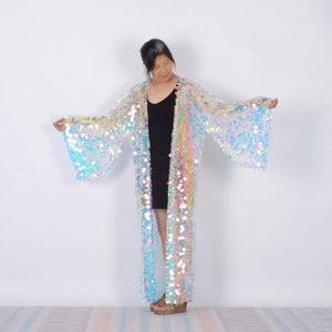 bell sleeve sequin kimono,white mermaid,floor length,festival kimono,sequin duster,rave clothing, burningman,disco sequin kimono,party