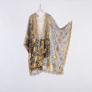 starry black sheer kimono with gold sequins, black sequin kimono,cocktail party kimono,black fringe kimono,festival party kimono