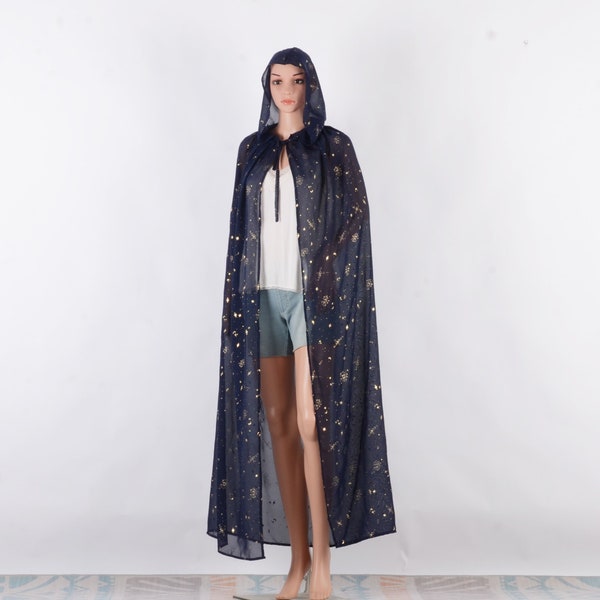 hooded cape,navy with gold starry,sheer chiffon cape,cosplay cloak,wedding cloak,sheer hooded clock,cape with hood,oversized hood