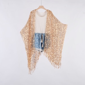 gold sheer kimono,sequin kimono,long cardigan,boho kimono,beach kimono,shrug,cover up,dress kimono,sequins dress