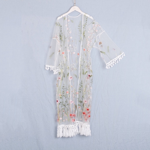 white lace wedding kimono, plant embroidery kimono with sleeve,summer cover up,wedding dress,bridal kimono,lace kimono,fringe kimono,SL040