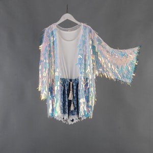 PINK Pailletten Kimono, irisierender Pailletten Kimono mittlere Länge, Festival Kimono, Pailletten Duster, Rave Kleidung, Festival Outfit, Disco Pailletten Kimono