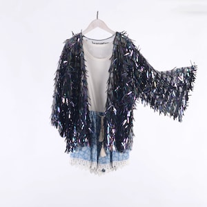 holographic black sequins kimono,mid length,festival kimono,sequin duster,rave clothing, festival outfit,disco sequin kimono,black kimono