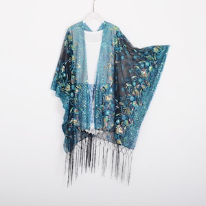 black sheer kimono with blue sequins, black lace kimono,floral kimono,cocktail party kimono,black fringe kimono,festival party kimono