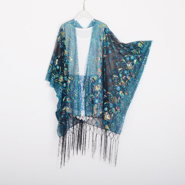 black sheer kimono with blue sequins, black lace kimono,floral kimono,cocktail party kimono,black fringe kimono,festival party kimono