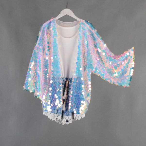 short pink mermaid kimono,sequin kimono mid length,festival kimono,sequin duster,rave clothing, festival outfit,disco sequin kimono