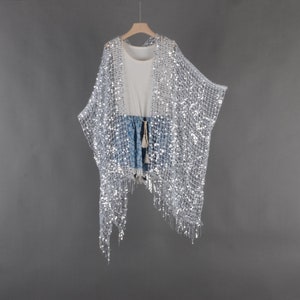 silver sheer kimono,sequin kimono,long cardigan,boho kimono,beach kimono,shrug,cover up,dress kimono,sequins dress