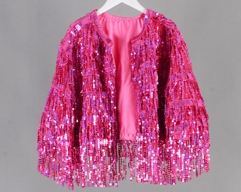 ジャケット ETMON Fringe Detail Snap Jacket, Pink Rose Pink Sequins Fringe Jacket,handmade Clothing
