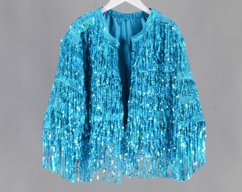 blue sequins fringe jacket,personalized gift for her,tinsel dress,bridal jacket,wedding jacket,birthday jacket,gifts,handmade clothing