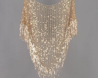 Gold Sequin Festival Shawl: Sheer Fringe Wedding Wrap,Party Wrap