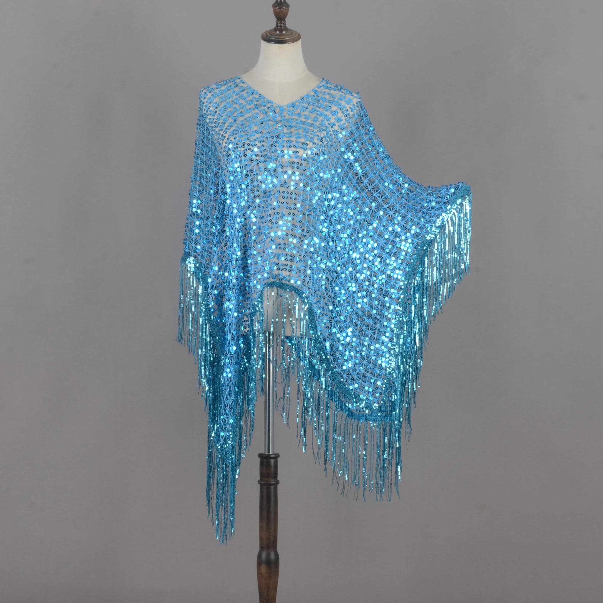 Blue Sequin Versatile Poncho Cape: Lightweight Rave Festival Shawl