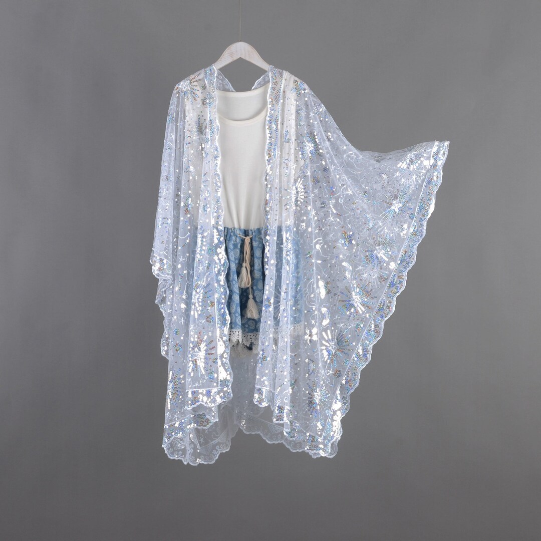 White Sequins Starry Sheer Kimono, White Sequin Kimono,cocktail Party
