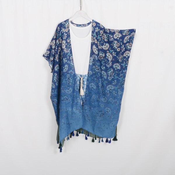 long bohemian kimono cardigan,blue green floral print style kimono,beach cover,women cover up,light cover,813#